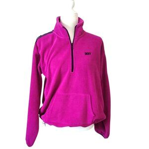 DKNY Women's Fleece Pullover Sweatshirt Half-Zip Logo Trim Magenta Size Medium